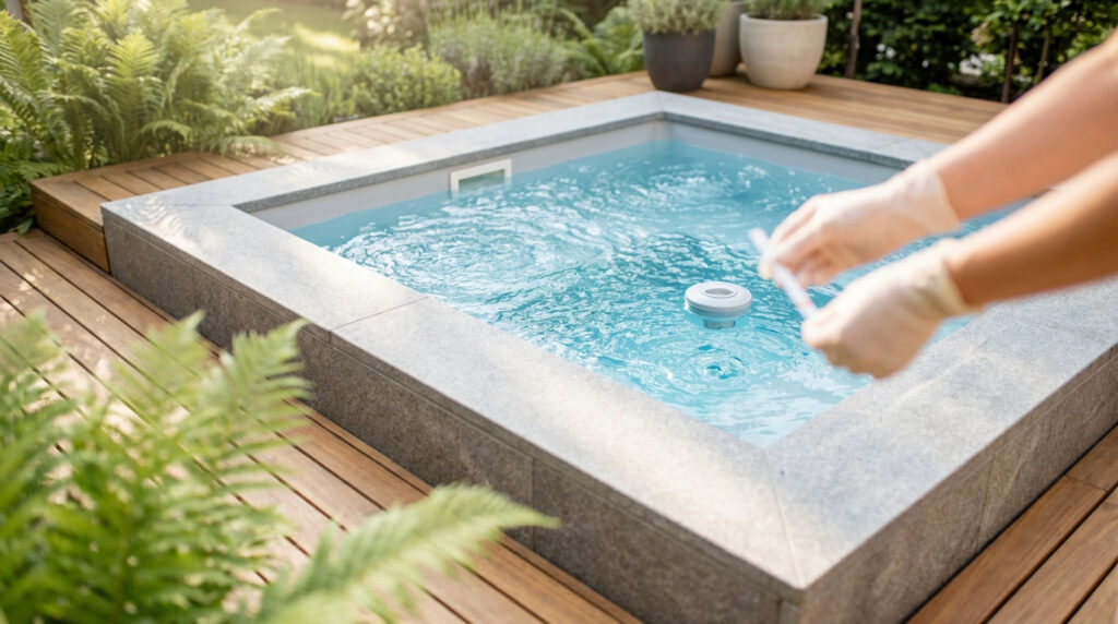 Mains gantées testant l'eau d'un spa extérieur avec des bandelettes. Un diffuseur flottant et un pont en bois complètent la scène verdoyante.