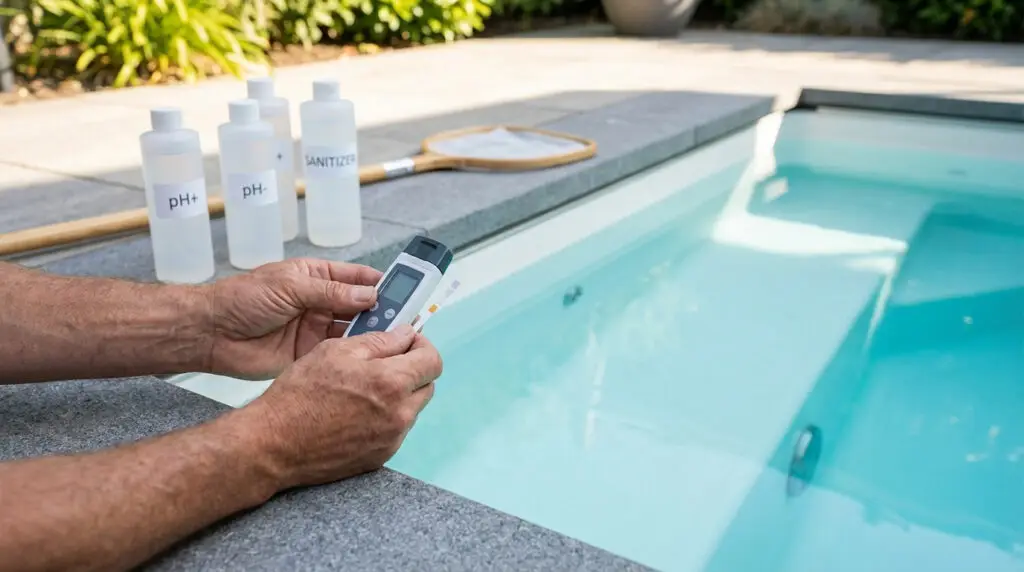 Mains testant l'eau d'un spa avec un testeur numérique et des bandelettes. Bouteilles de pH+ et désinfectant sont visibles.