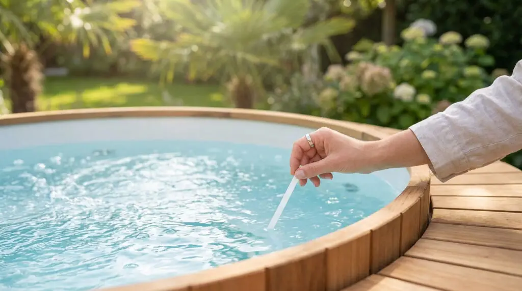 Main plongeant une bandelette de test dans l'eau bouillonnante d'un spa en bois, dans un jardin ensoleillé.