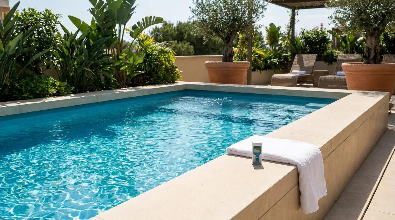 Une piscine à l'eau bleue cristalline avec un testeur de qualité et une serviette sur le bord, entourée de végétation luxuriante.