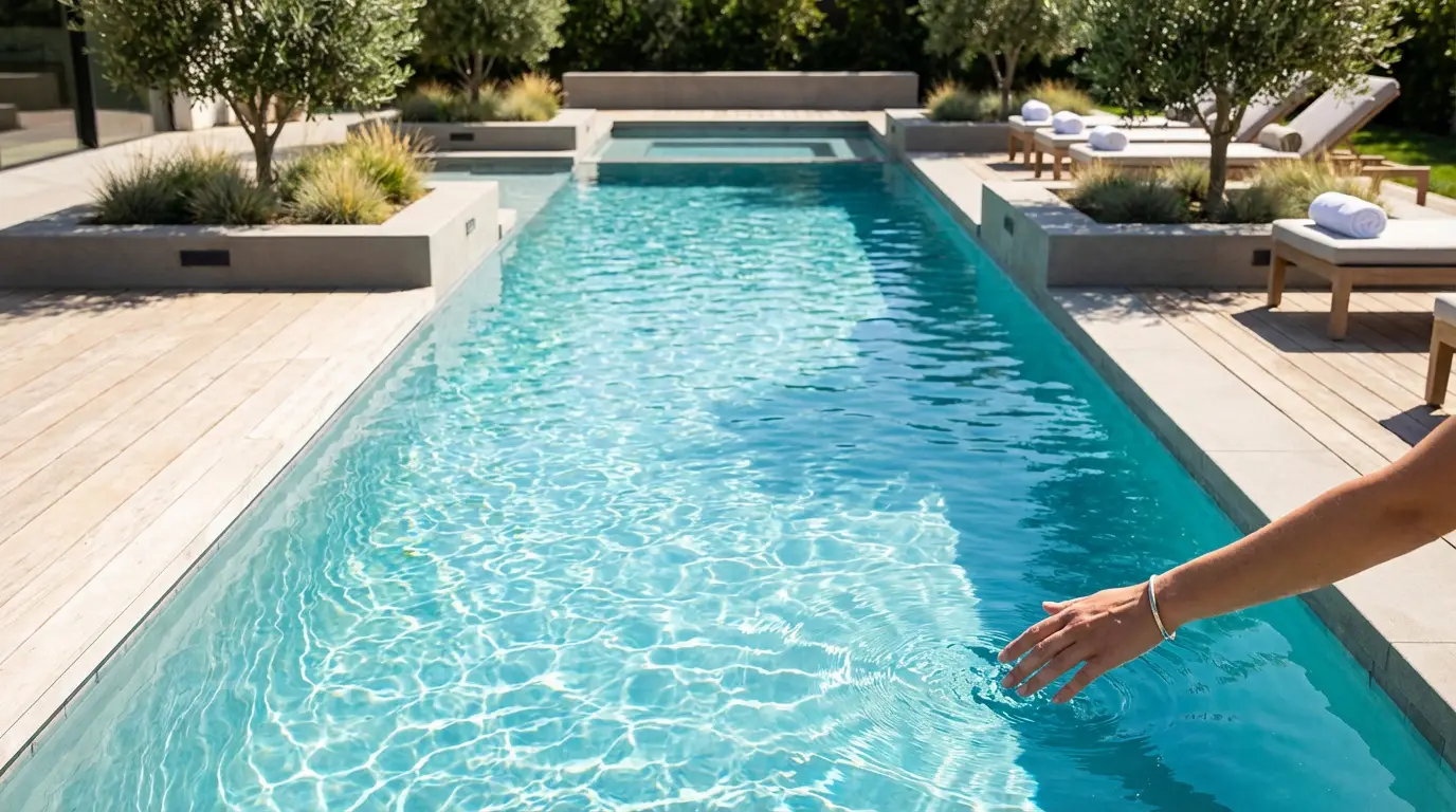 Main effleurant l'eau turquoise d'une piscine moderne avec spa intégré, entourée de transats, bois et oliviers.
