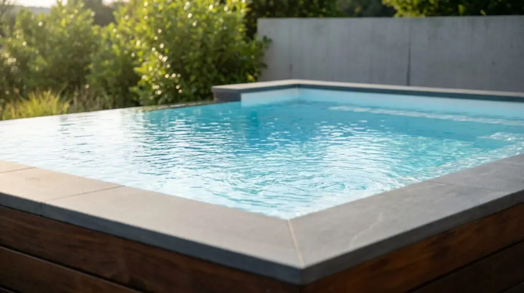 Vue rapprochée d'un spa moderne avec de l'eau bleue claire, bordé de bois et de pierre grise, sur fond de verdure luxuriante.
