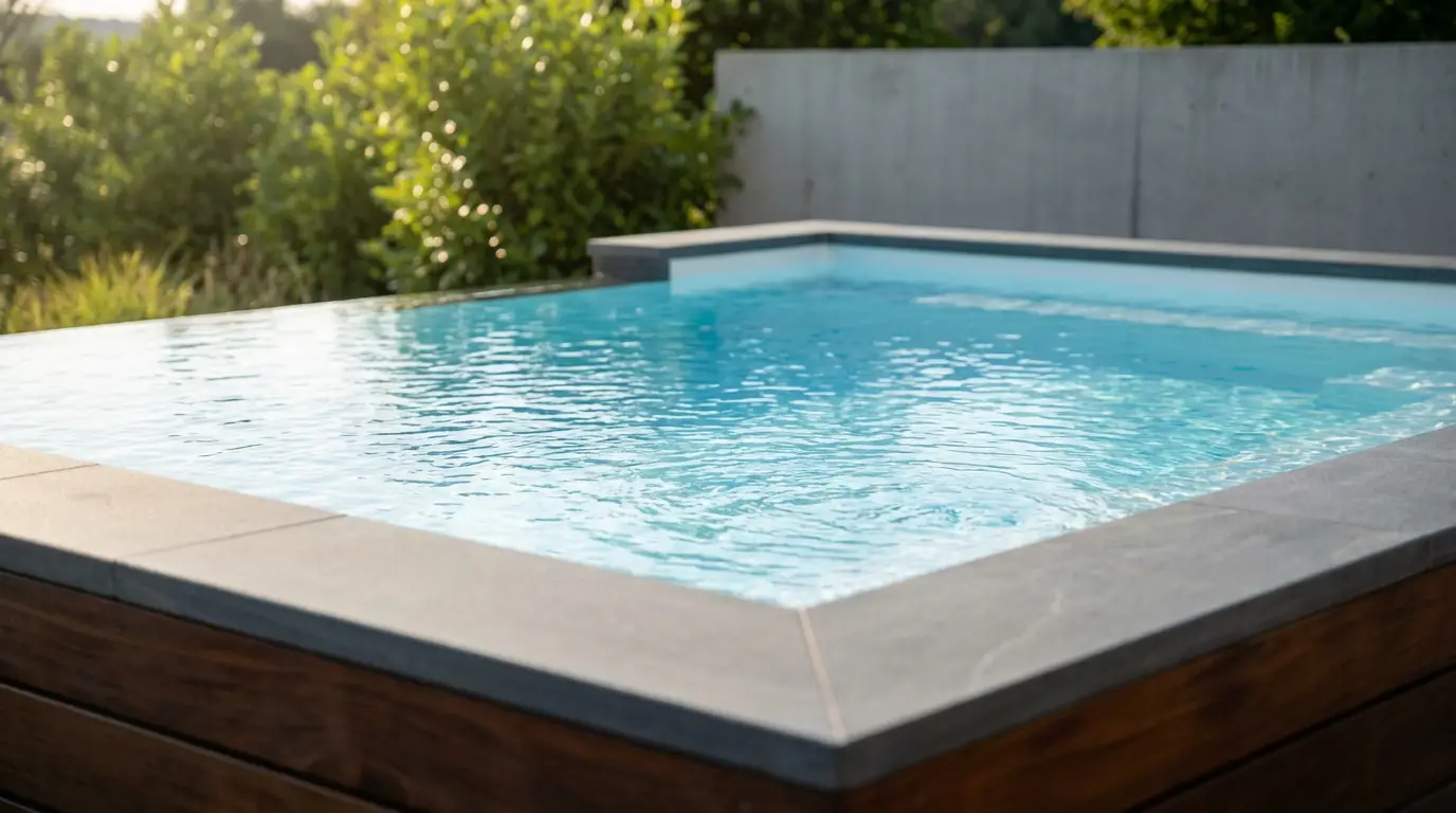 Vue rapprochée d'un spa moderne avec de l'eau bleue claire, bordé de bois et de pierre grise, sur fond de verdure luxuriante.