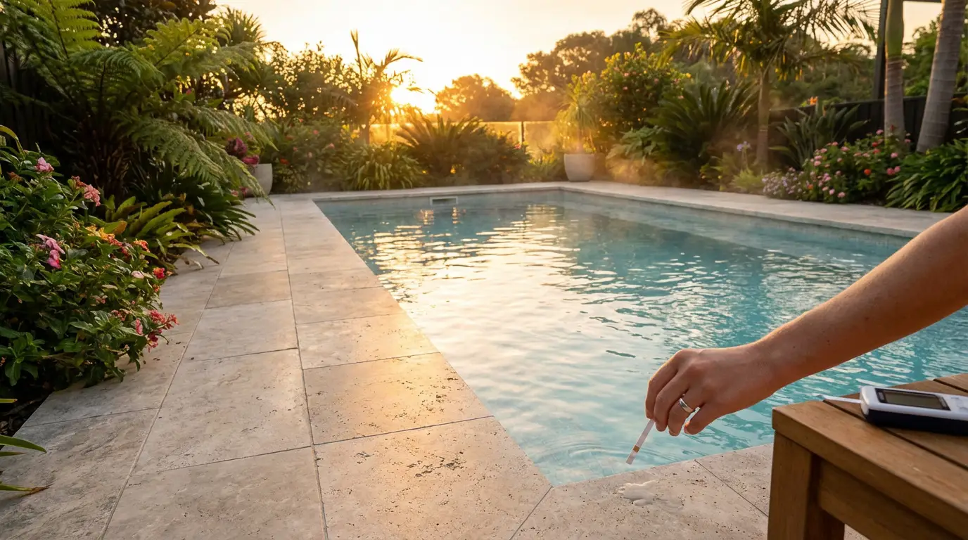 Main tenant une bandelette de test dans l'eau d'une piscine bordée de dalles claires et de végétation luxuriante, au coucher du soleil.
