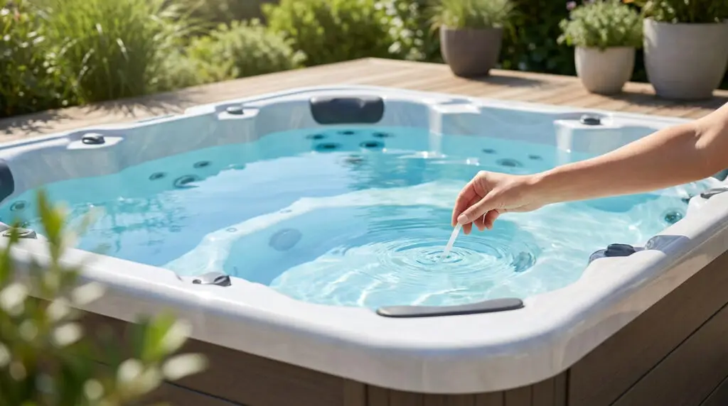 Main testant l'eau claire d'un spa extérieur avec une bandelette sur une terrasse en bois. Assurer une eau cristalline.